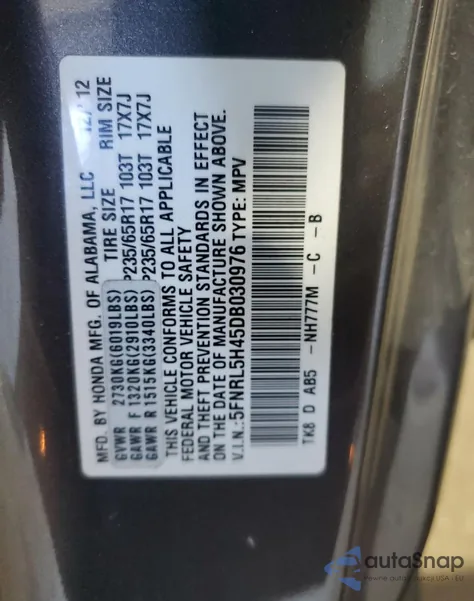 2013 Honda Odyssey Ex z USA, uszkodzony, nr VIN 5FNRL5H45DB030976